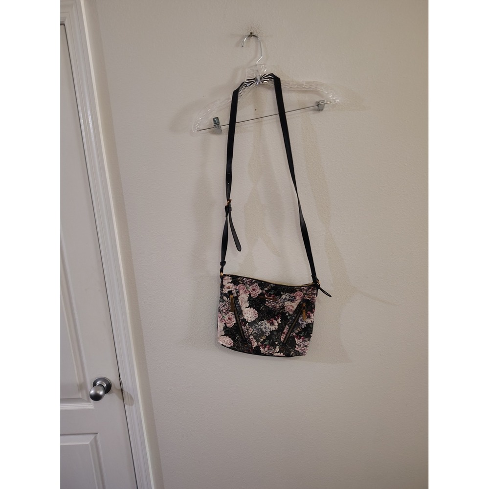 Rosetti Floral Crossbody Bag Black‎ Pink Rose Faux Leather Adjustable Strap
